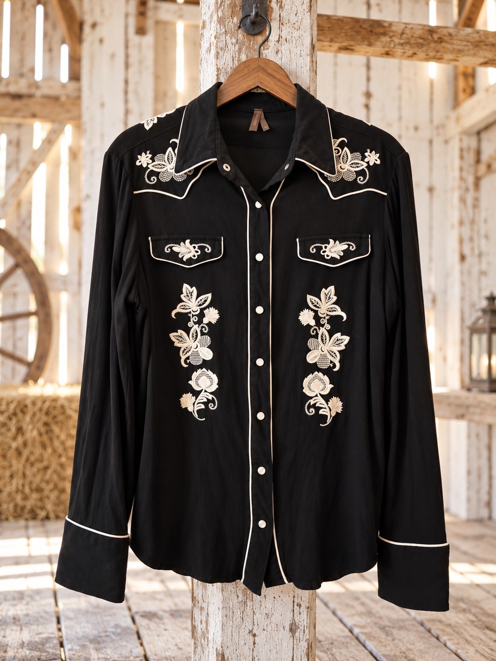 Stetson Black Western Button-Down Shirt with Cream Floral Embroidery
